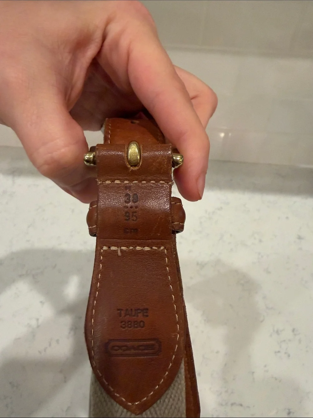 Coach Taupe Tan Canvas and Leather Belt with Brass Buckle size 38